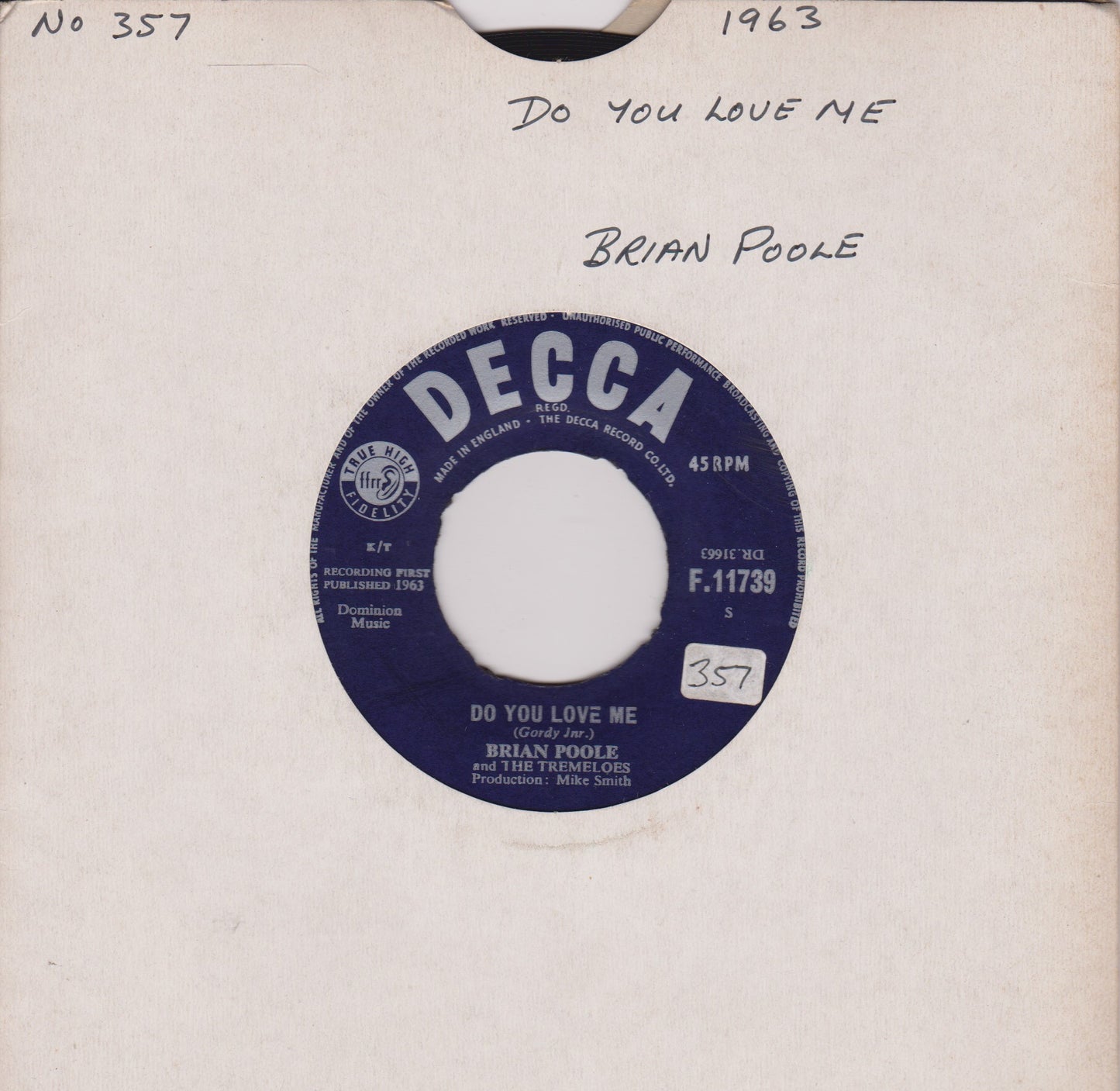 Brian Poole & The Tremeloes – Do You Love Me (Decca 1963) 7" vinyl single VG/- jukebox