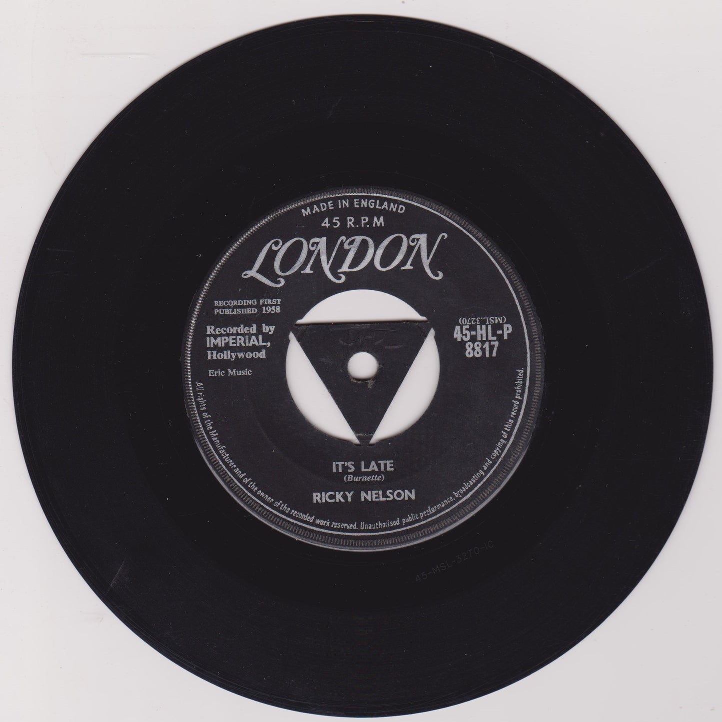 Ricky Nelson – It's Late (London 1959) 7" vinyl single VG/-