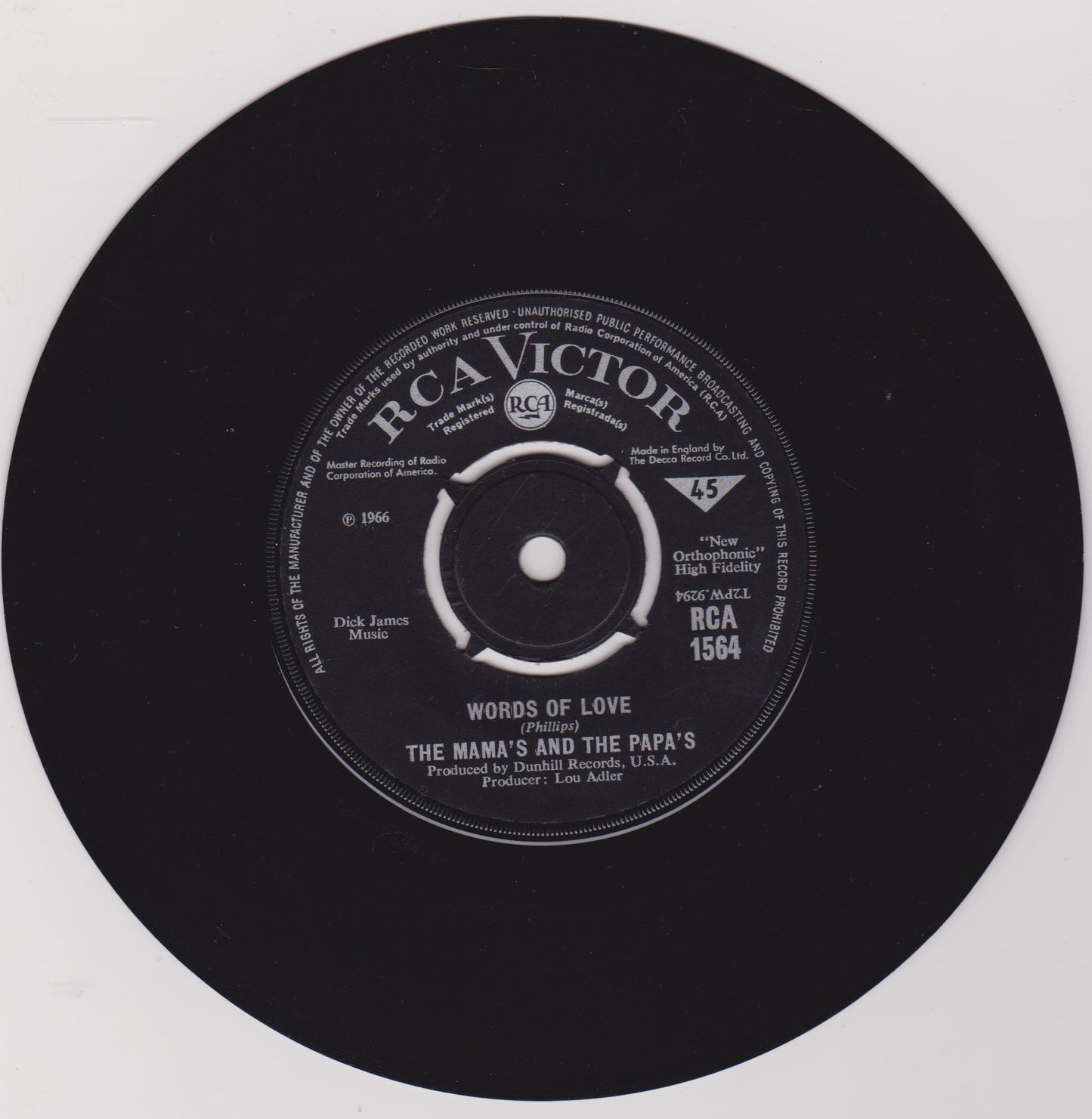 The Mamas & The Papas – Words Of Love (RCA 1966) 7" vinyl single VG/-