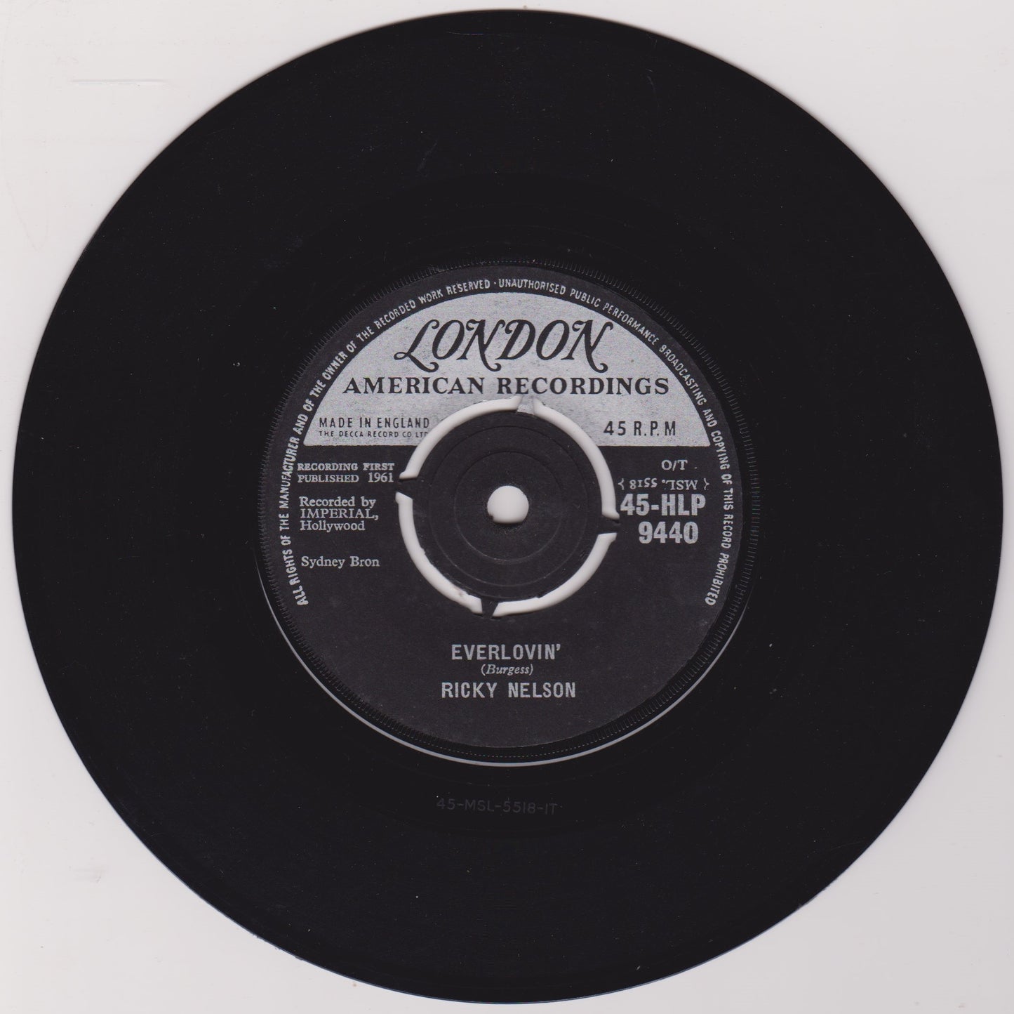Ricky Nelson – Everlovin' (London 1961) 7" vinyl single VG/-