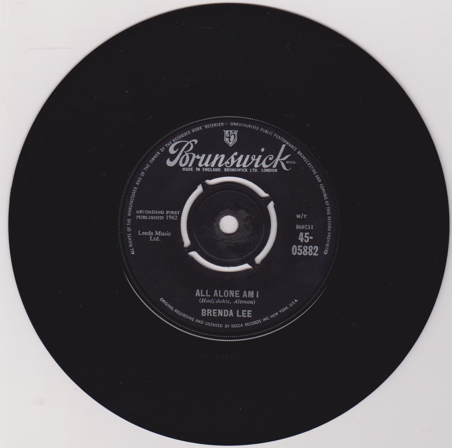 Brenda Lee – All Alone Am I (Brunswick 1962) 7" vinyl single VG/-