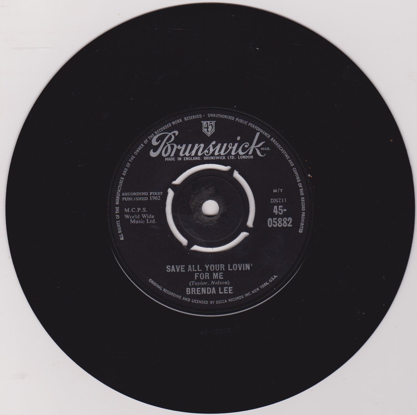 Brenda Lee – All Alone Am I (Brunswick 1962) 7" vinyl single VG/-