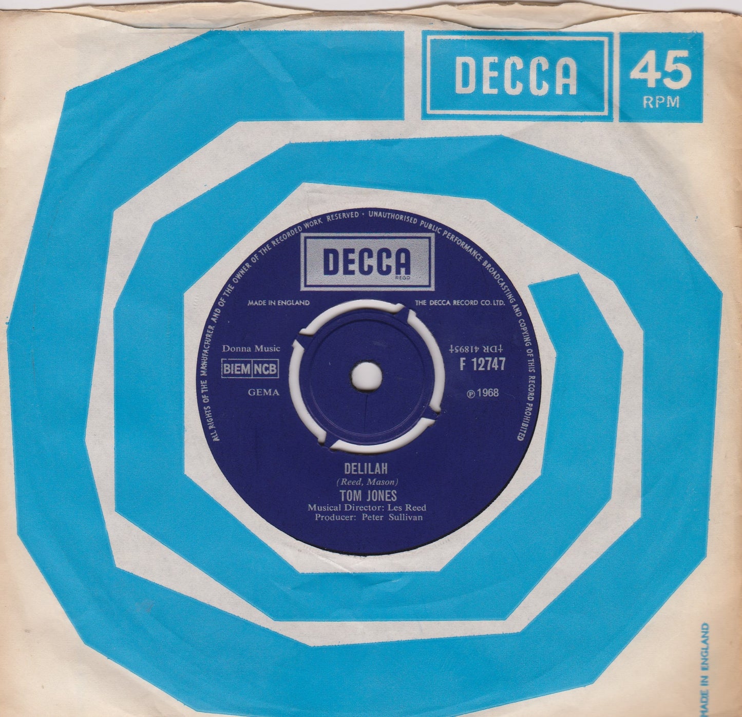 Tom Jones – Delilah (Decca, 1968) 7" vinyl single VG/VG