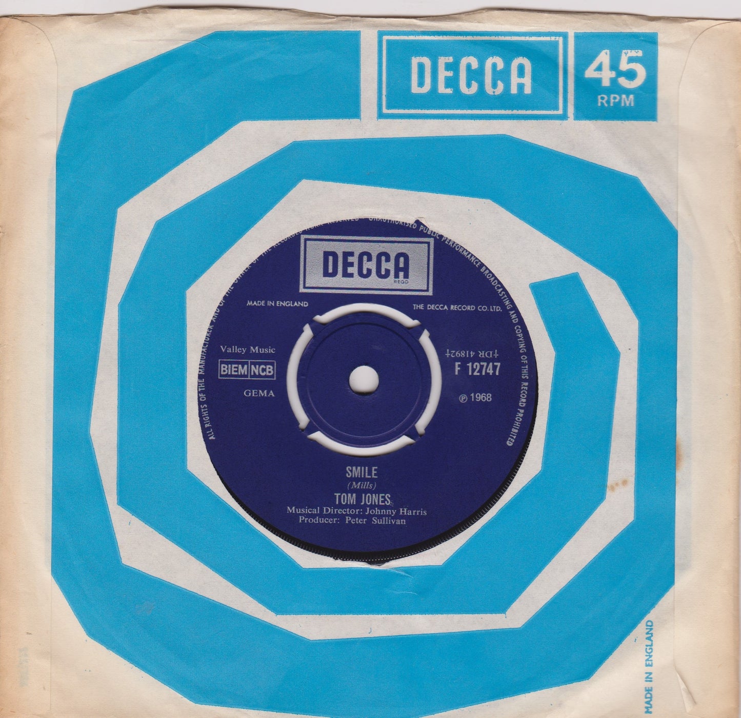 Tom Jones – Delilah (Decca, 1968) 7" vinyl single VG/VG