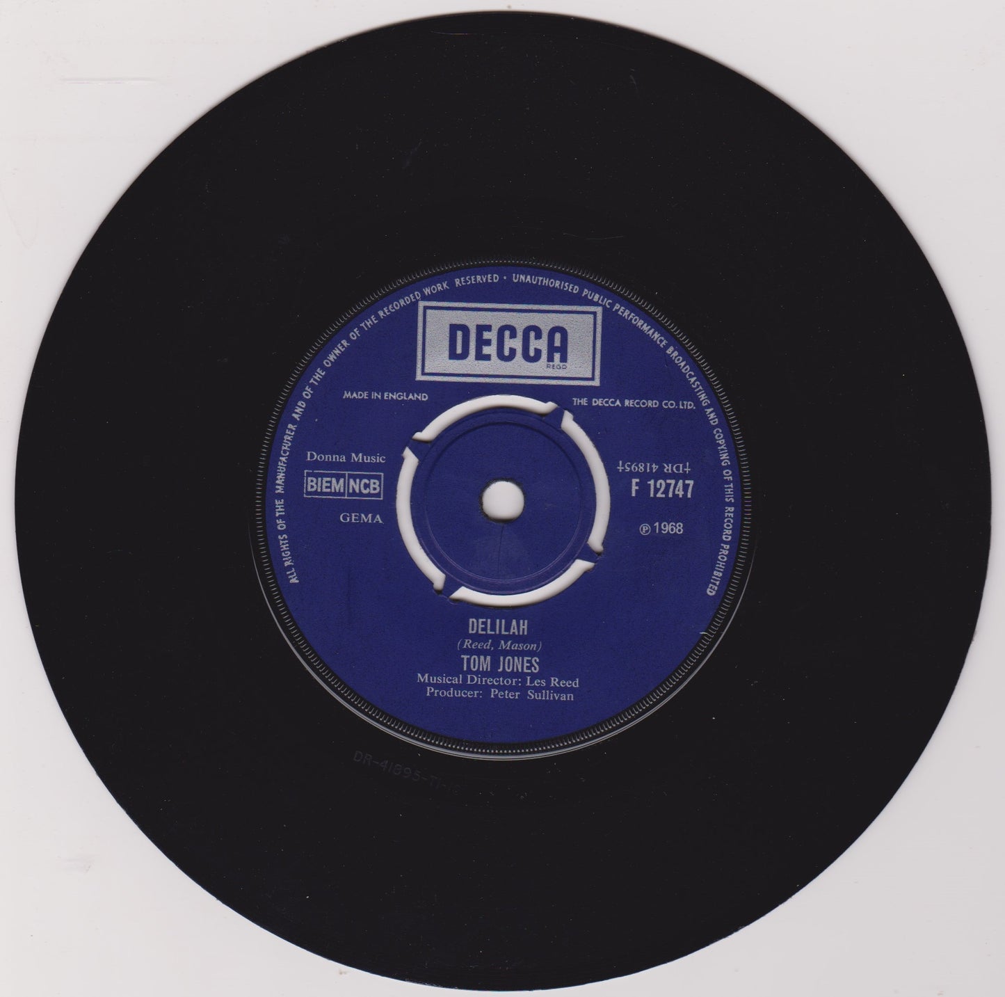 Tom Jones – Delilah (Decca, 1968) 7" vinyl single VG/VG