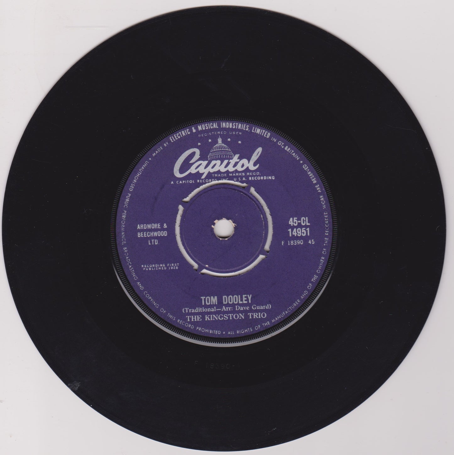 The Kingston Trio – Tom Dooley (Capitol 1959) 7" vinyl single VG/-