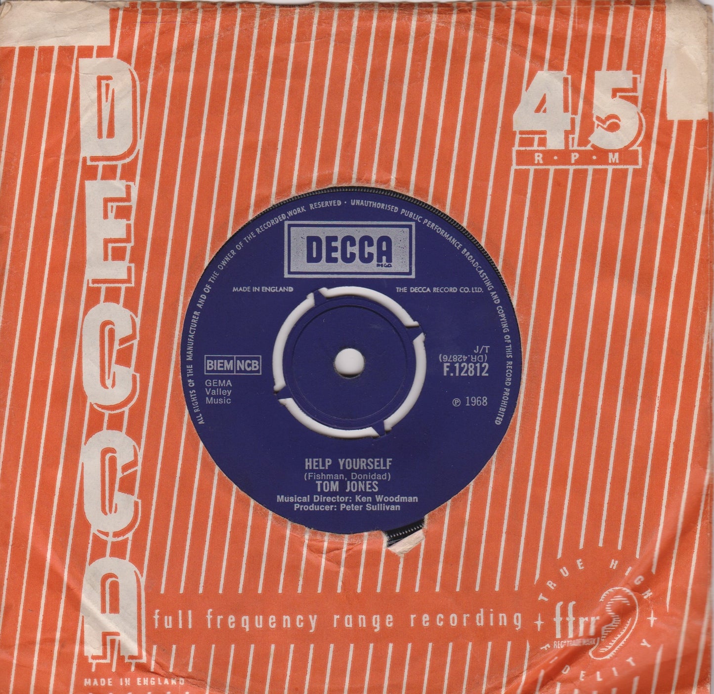 Tom Jones – Help Yourself (Decca, 1968) 7" vinyl single VG/G