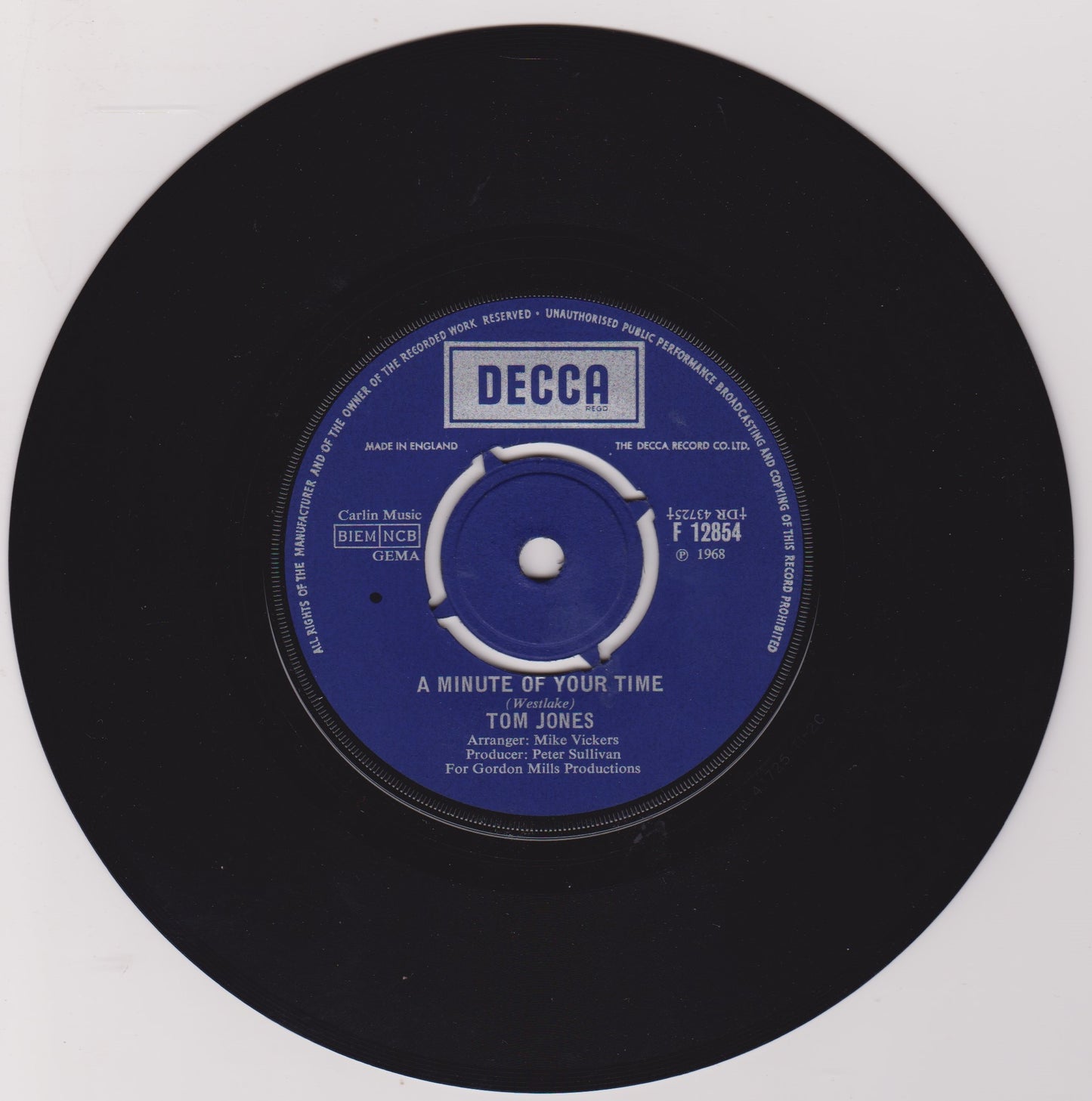 Tom Jones – A Minute Of Your Time (Decca, 1968) 7" vinyl single VG/-