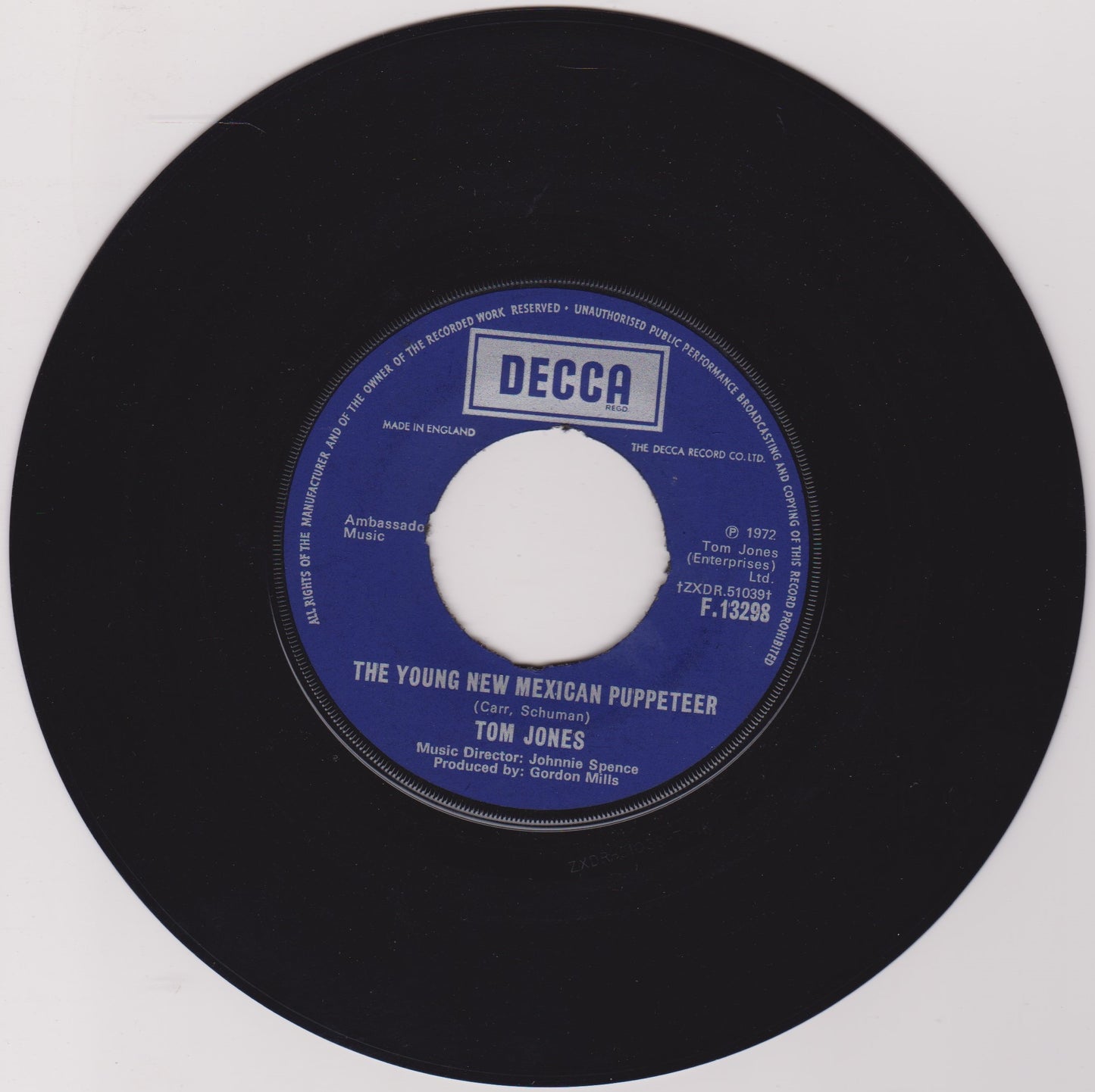 Tom Jones – The Young New Mexican Puppeteer (Decca, 1972) 7" vinyl single VG/- jukebox