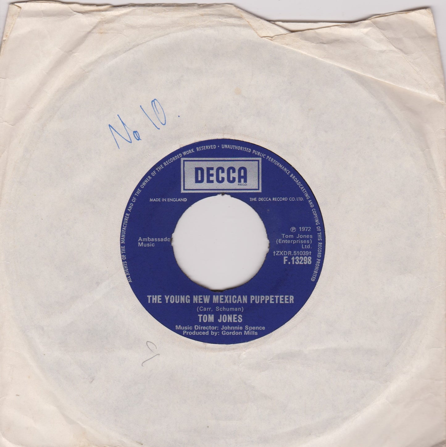 Tom Jones – The Young New Mexican Puppeteer (Decca, 1972) 7" vinyl single VG/- jukebox