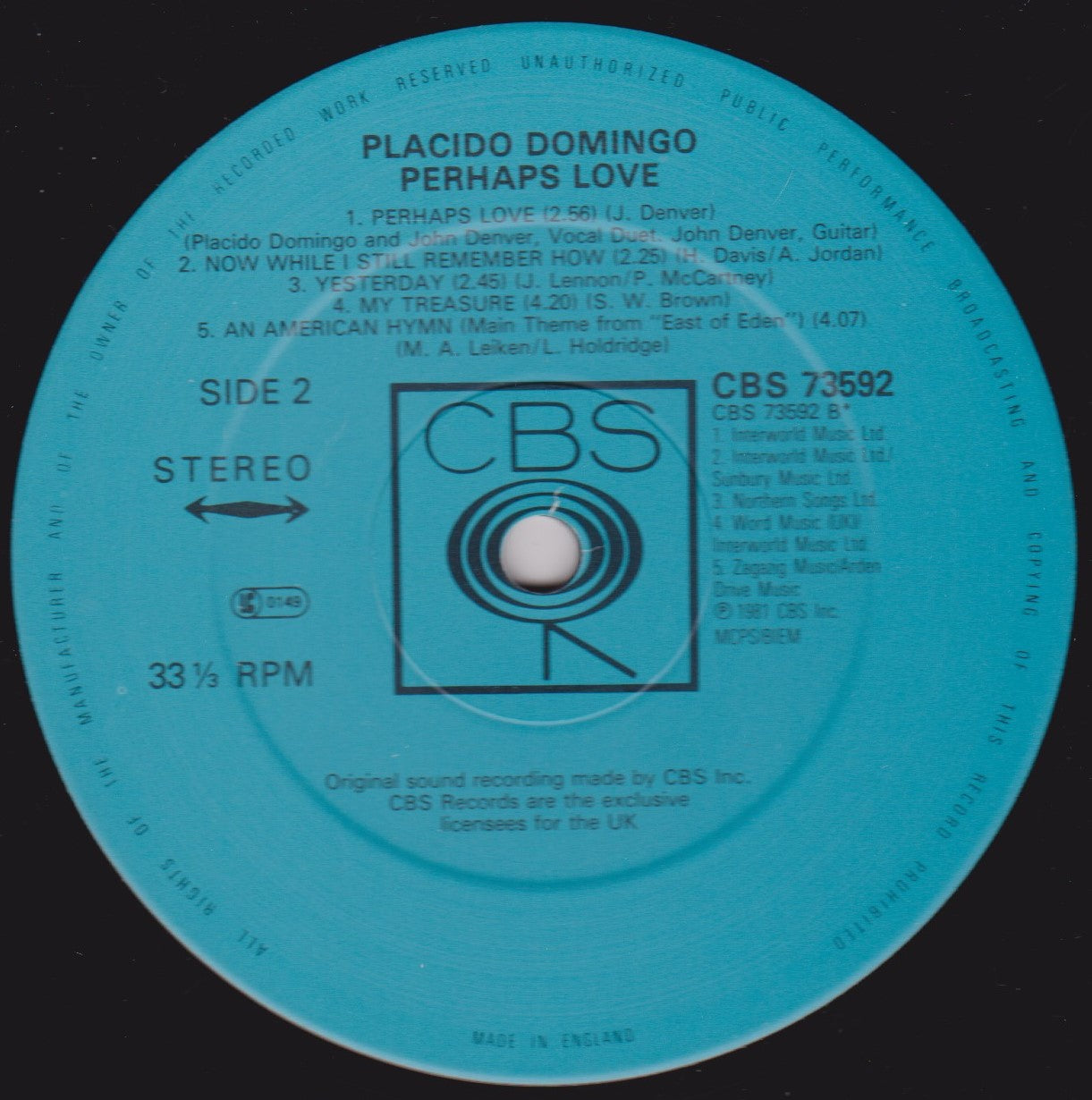 Placido Domingo With John Denver – Perhaps Love (CBS 1981) 12" vinyl LP VG/VG