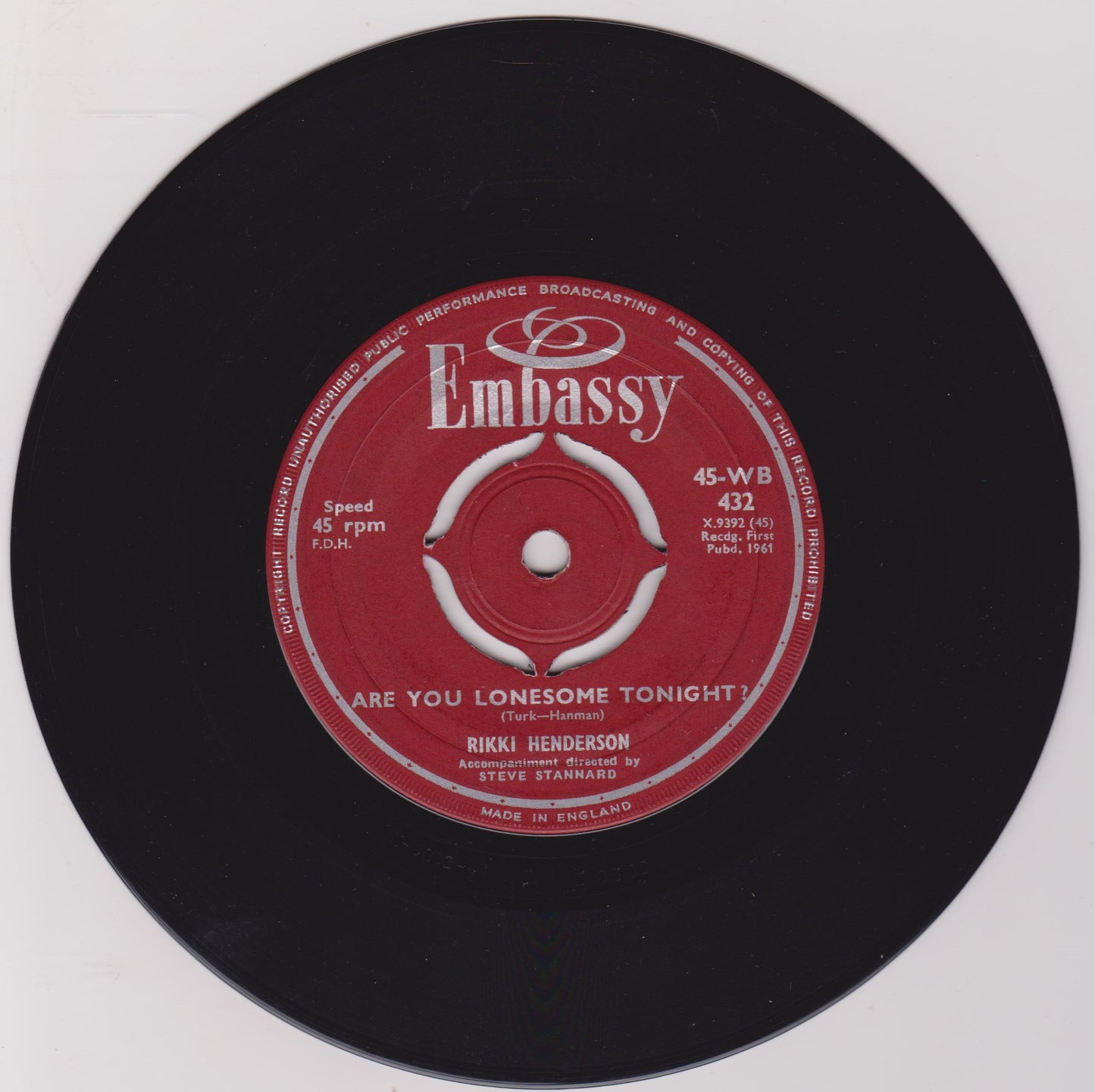 Rikki Henderson – Stay / Are You Lonesome Tonight? (Embassy) 7" vinyl single G+/G+