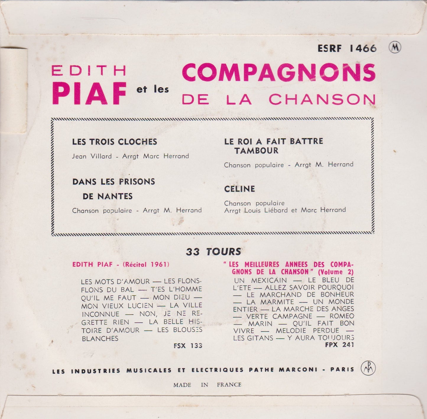 Edith Piaf Avec Les Compagnons De La Chanson – Les 3 Cloches (Columbia 1964) 7" vinyl P/S EP VG/VG France