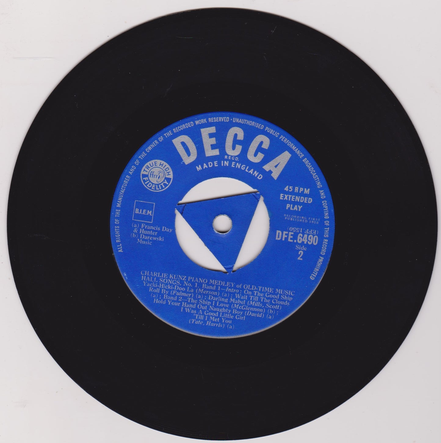 Charlie Kunz – Old Time Music Hall Songs No. 1 (Decca 1958) 7" vinyl P/S EP VG/VG