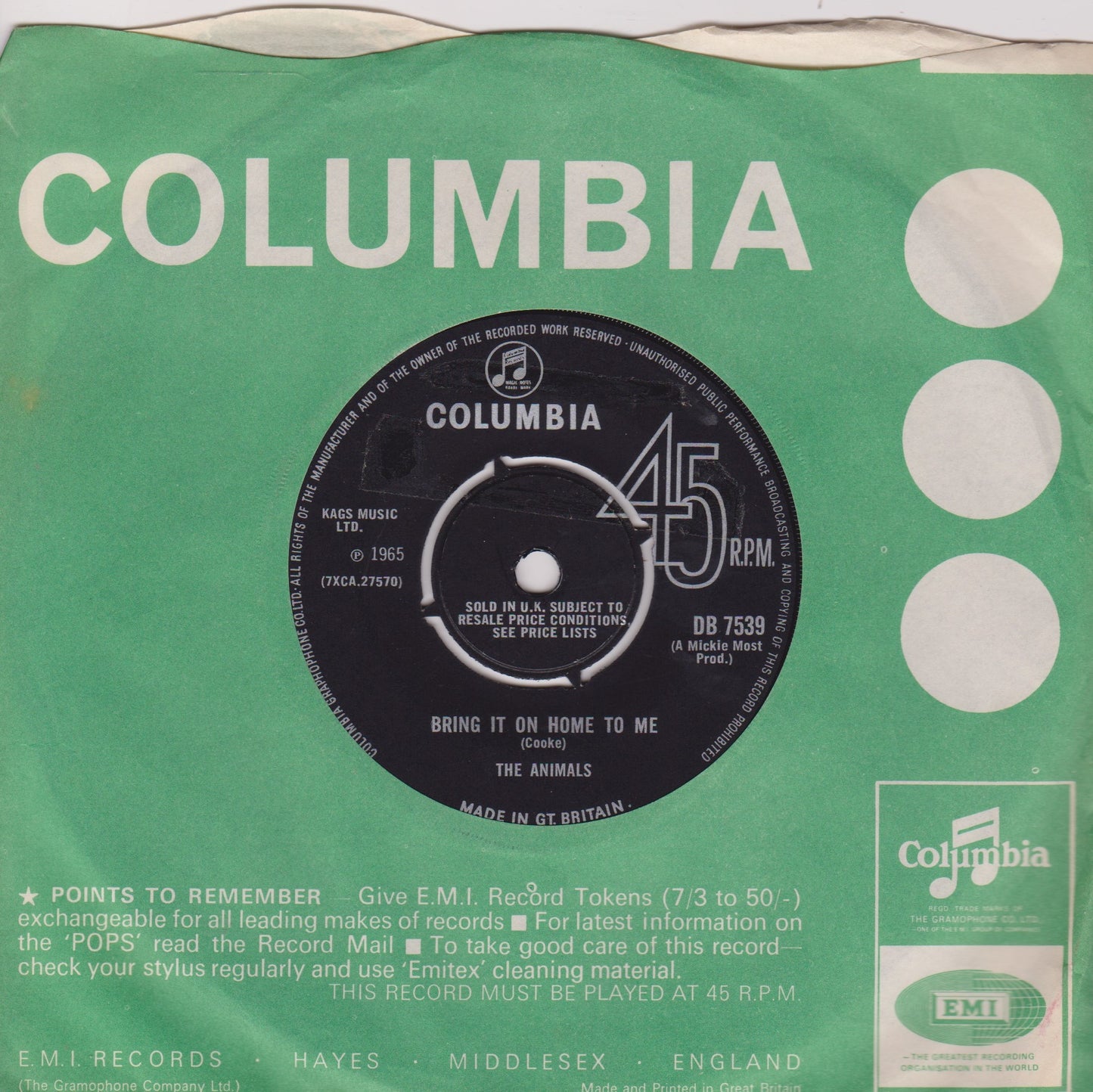 The Animals – Bring It On Home To Me (Columbia 1965) 7" vinyl single VG/VG