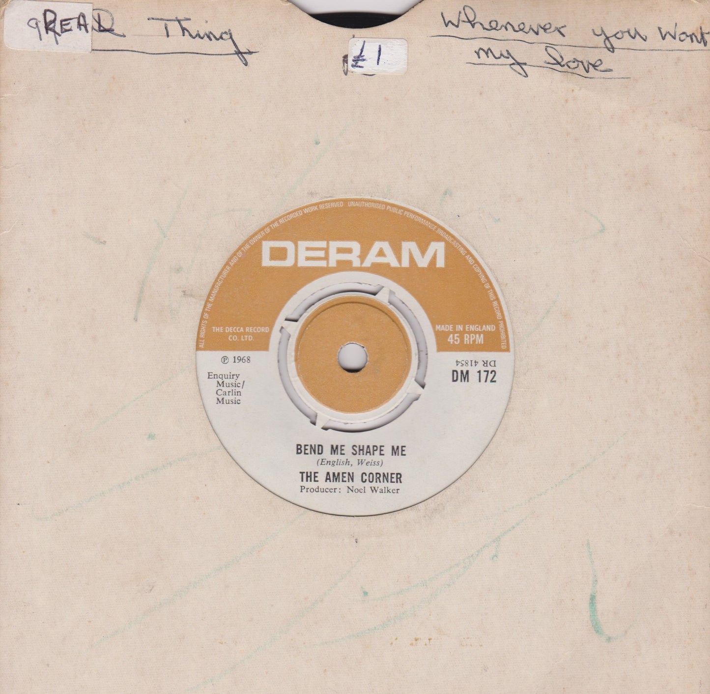 The Amen Corner – Bend Me Shape Me (Deram 1968) 7" vinyl single VG/-