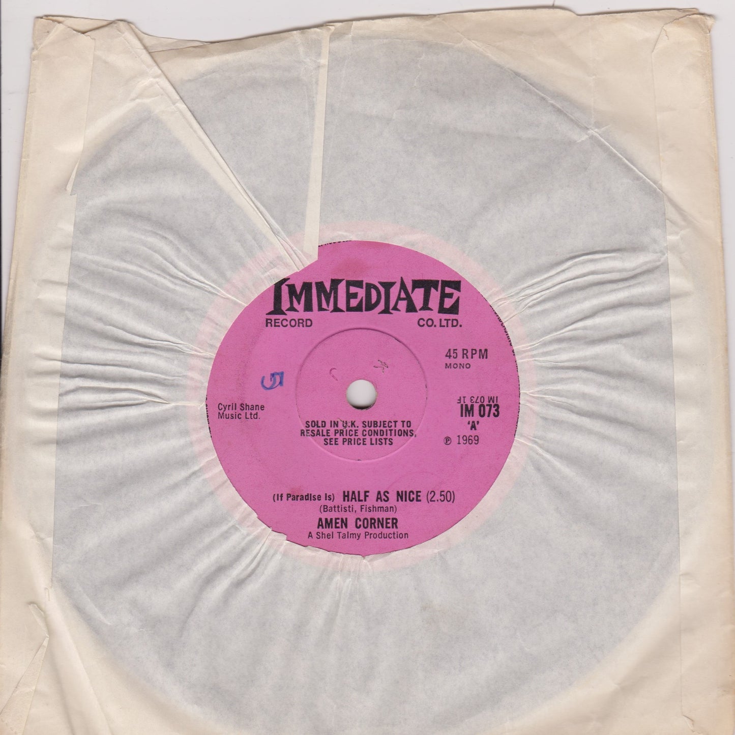 The Amen Corner – (If Paradise Is) Half As Nice (Immediate 1969) 7" vinyl single G+/-