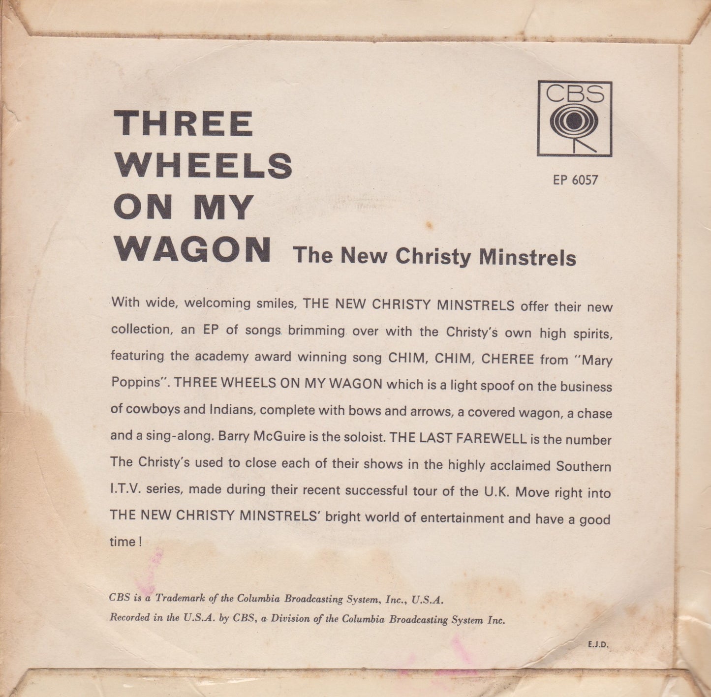 The New Christy Minstrels – Three Wheels On My Wagon (CBS 1965) 7" vinyl P/S EP G+/G+