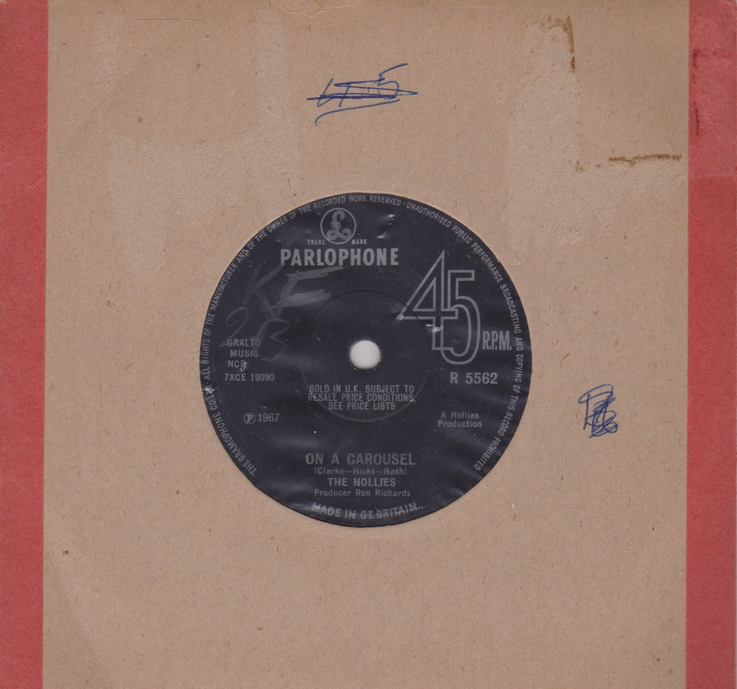 The Hollies – On A Carousel (Parlophone 1967) 7" vinyl single VG/-