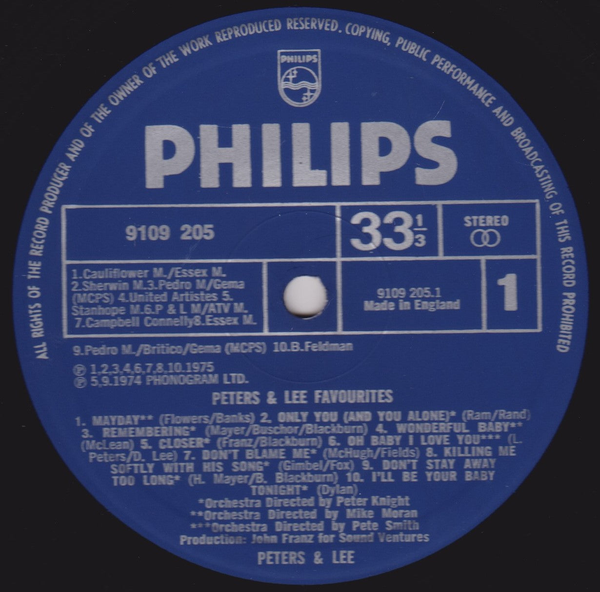 Peters & Lee – Peters & Lee Favourites (Philips 1975) 12" vinyl LP VG/VG