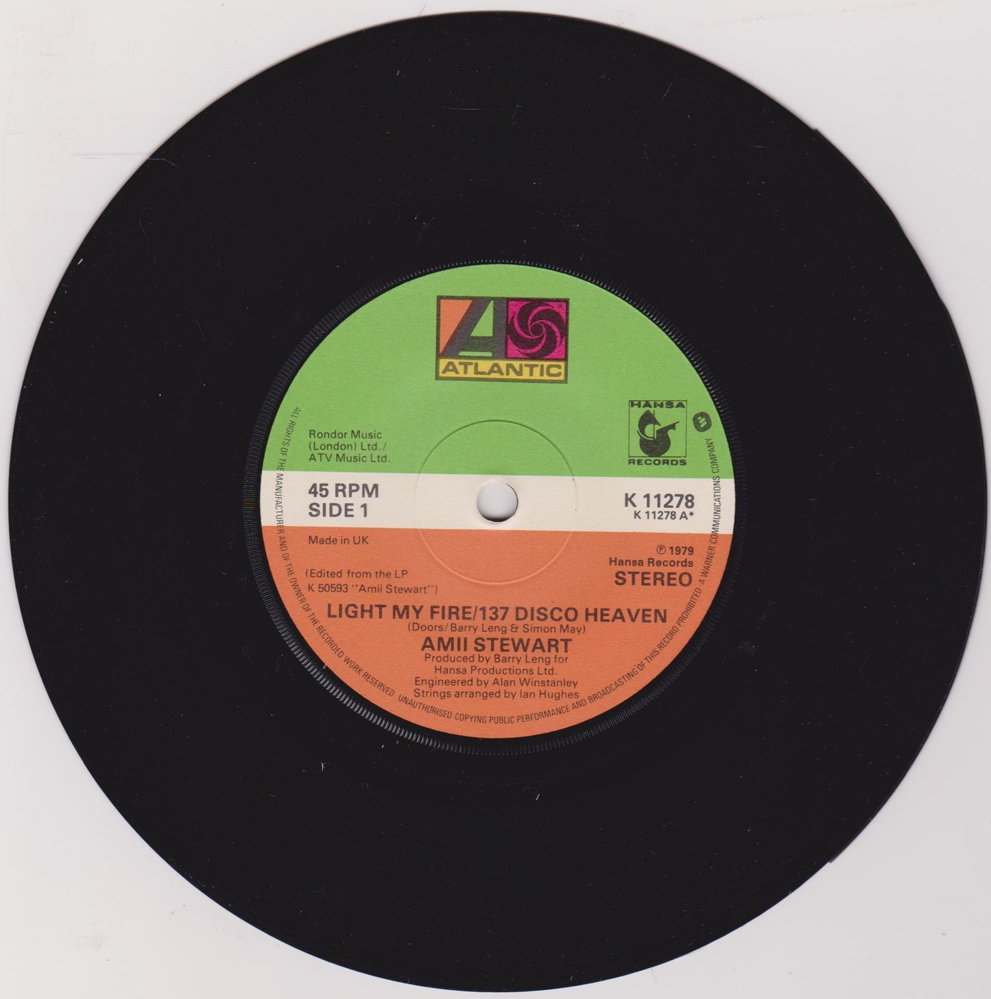 Amii Stewart – Light My Fire/137 Disco Heaven (Atlantic 1979) 7" vinyl single VG/-