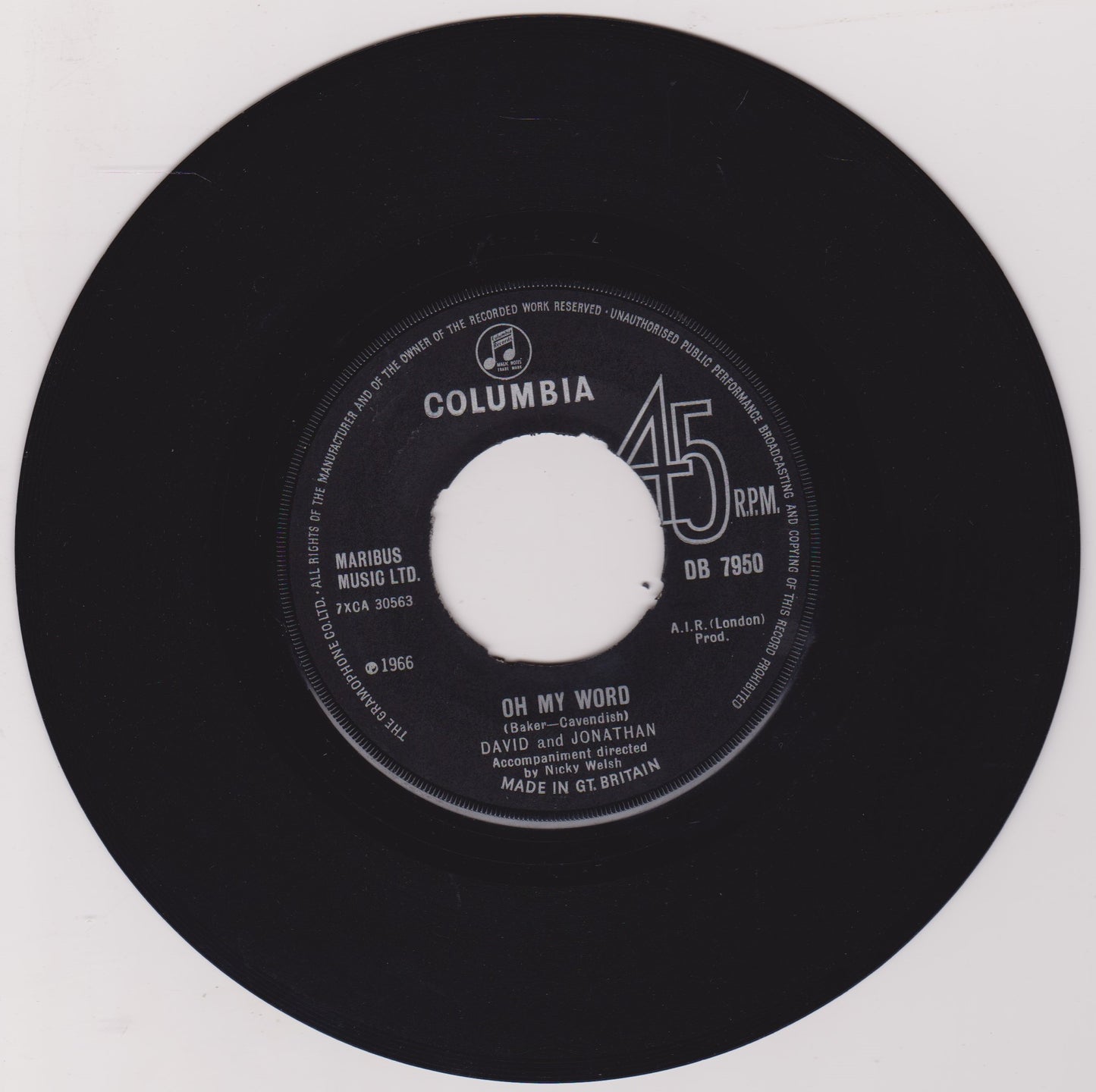 David And Jonathan – Lovers Of The World Unite (Columbia 1966) 7" vinyl single VG/G+