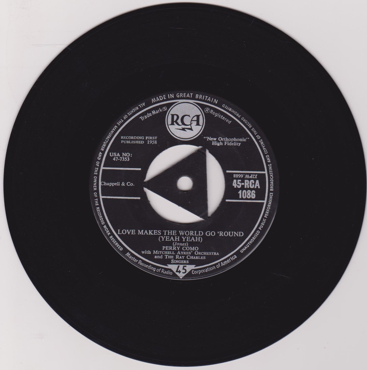 Perry Como – Love Makes The World Go 'Round (Yeah Yeah) (RCA 1958) 7" vinyl single VG/-
