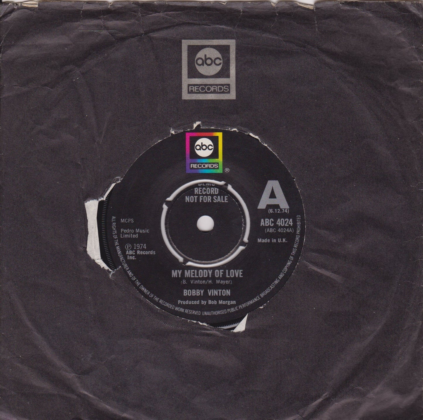 Bobby Vinton – My Melody Of Love (ABC 1974) 7" vinyl single VG/G+ promo