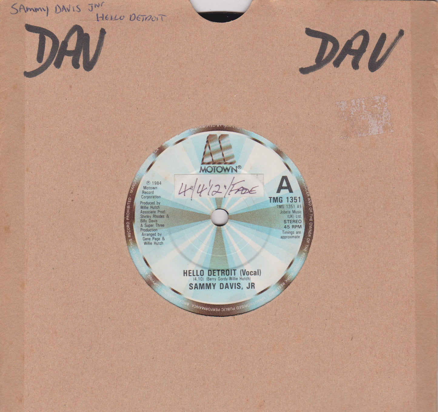 Sammy Davis Jr. - Hello Detroit (Motown 1984) 7" vinyl single VG/-