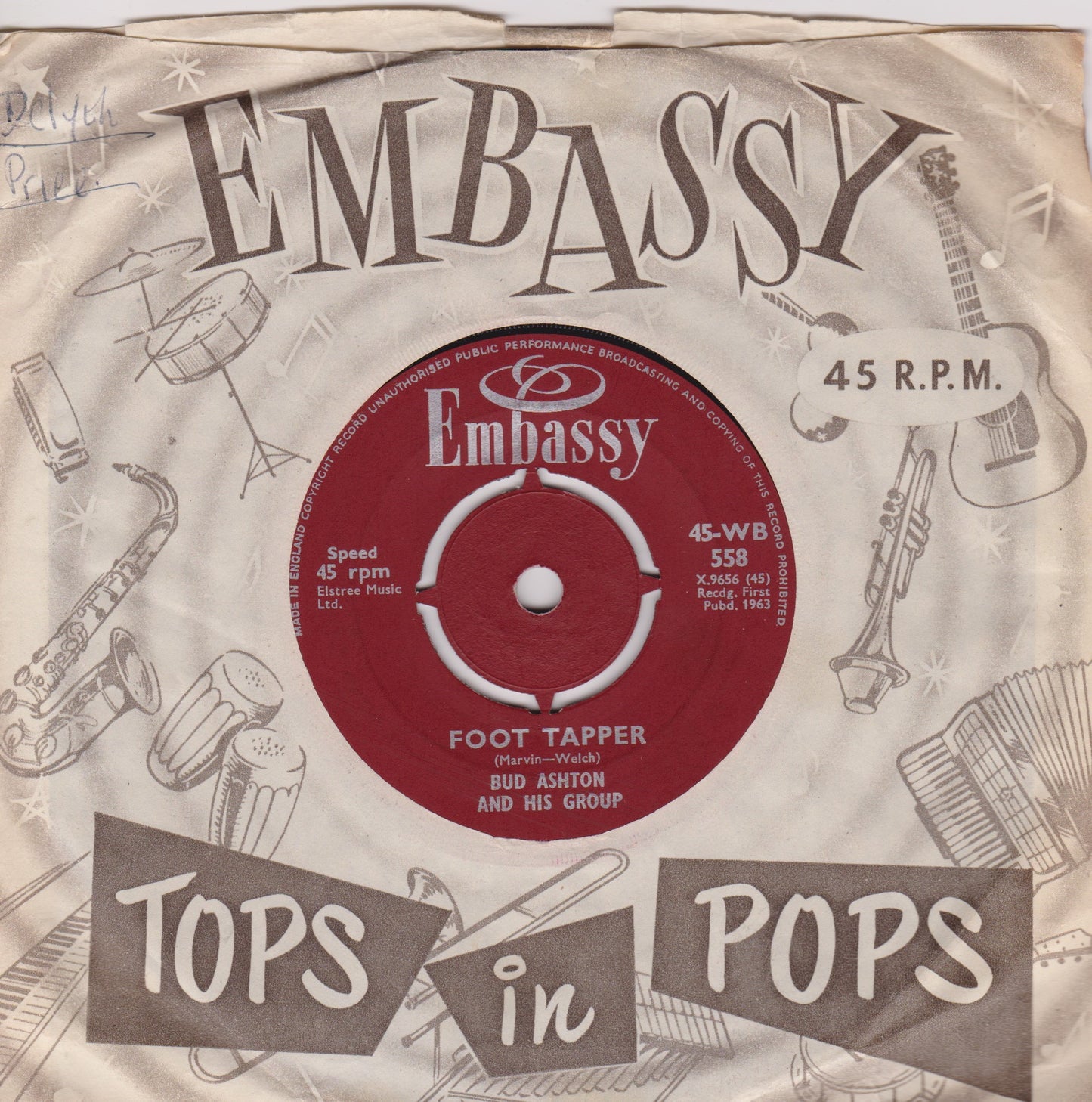 Bud Ashton And His Group – Foot Tapper / Robot (Embassy 1963) 7" vinyl single VG/VG