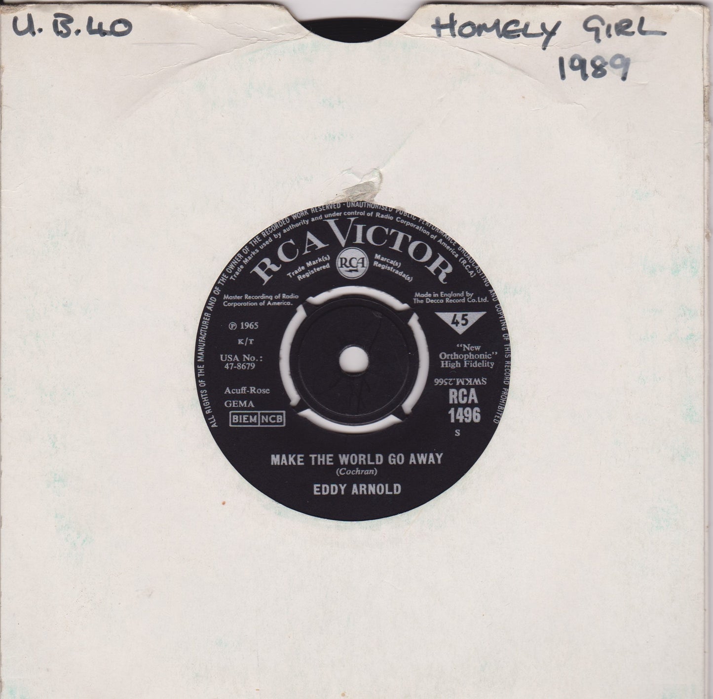 Eddy Arnold – Make The World Go Away (RCA 1965) 7" vinyl single VG/-