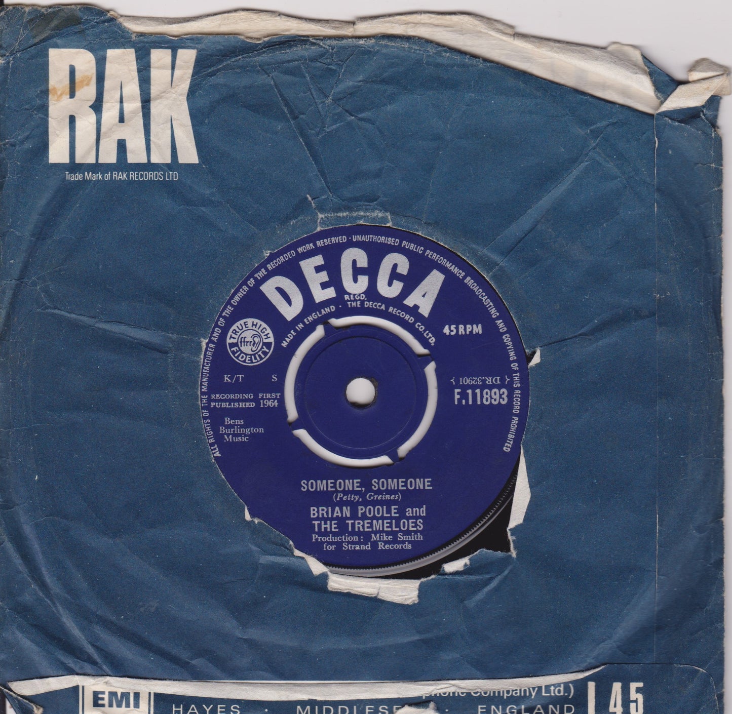 Brian Poole & The Tremeloes – Someone, Someone (Decca 1964) 7" vinyl single VG/-
