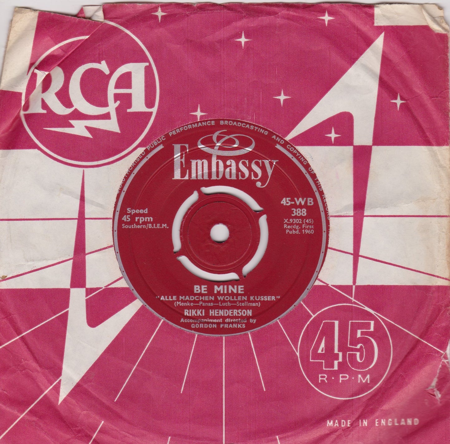 Rikki Henderson – Be Mine (Embassy 1960) 7" vinyl single VG/-
