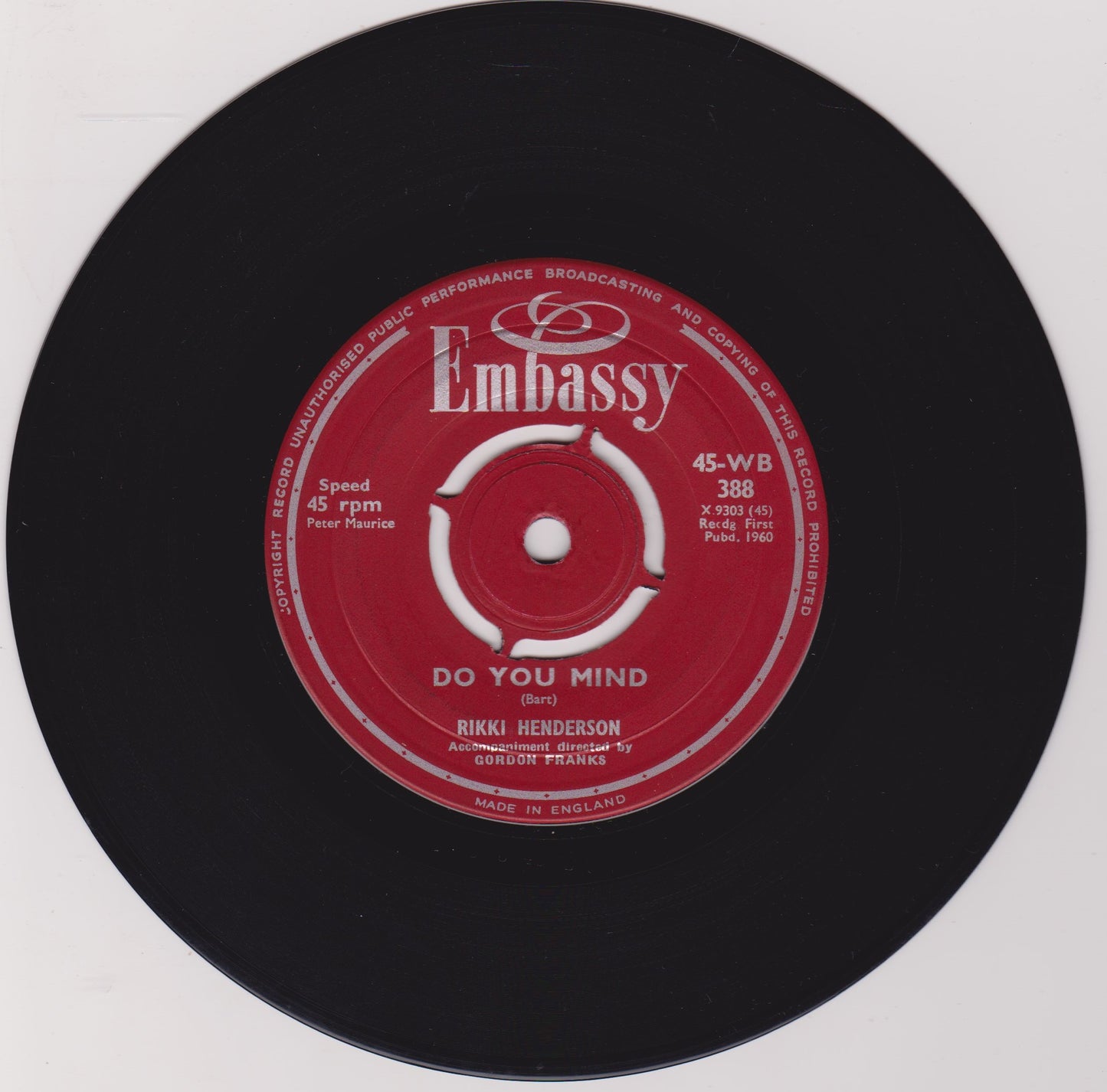 Rikki Henderson – Be Mine (Embassy 1960) 7" vinyl single VG/-