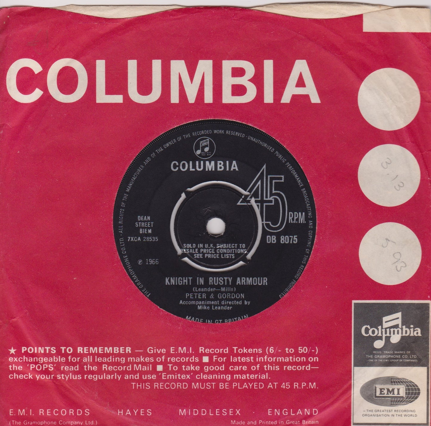 Peter & Gordon – Knight In Rusty Armour (Columbia 1966) 7" vinyl single VG/VG