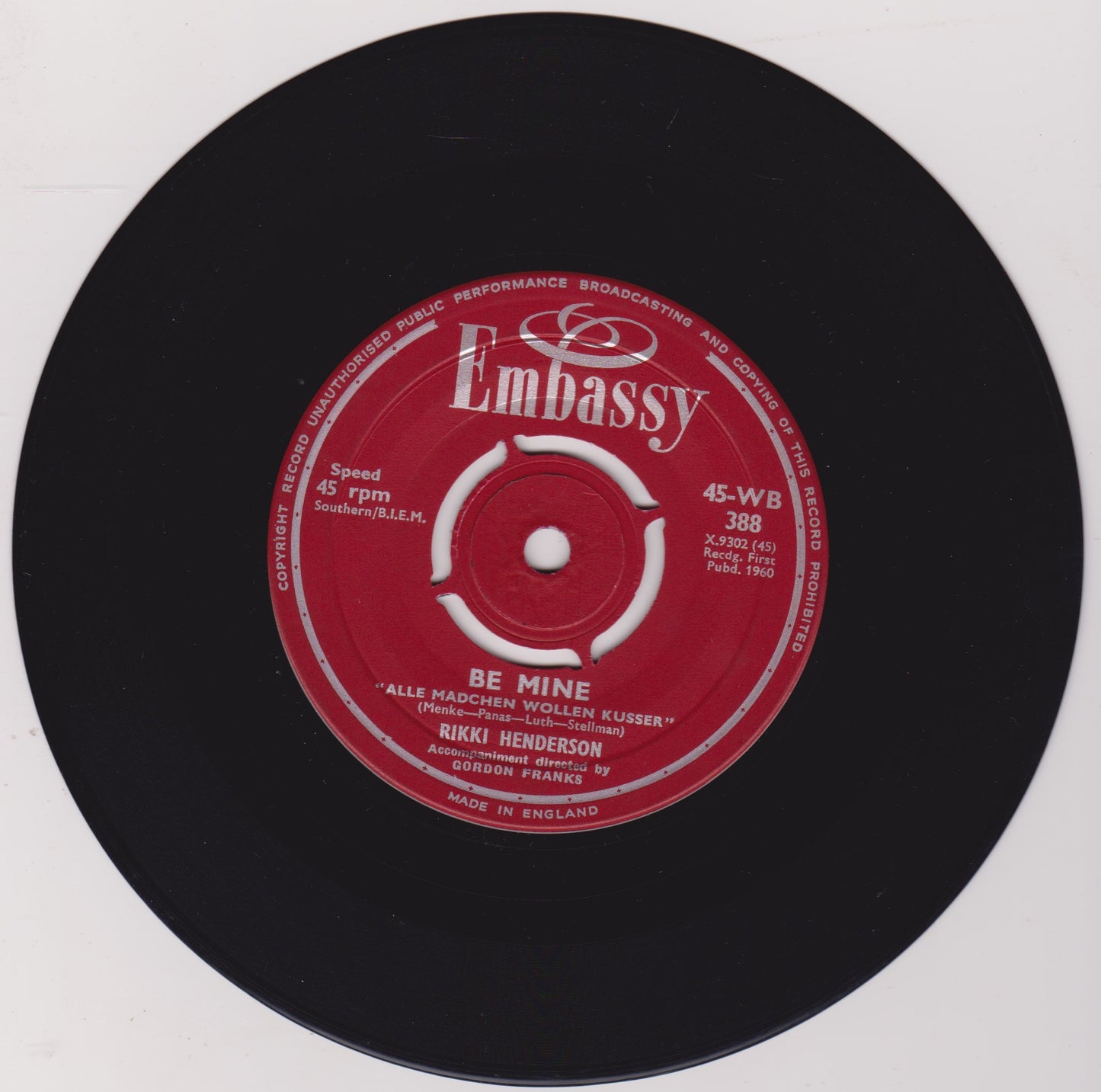 Rikki Henderson – Be Mine (Embassy 1960) 7" vinyl single VG/-