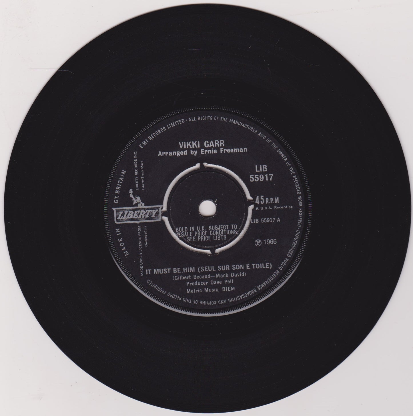Vikki Carr – It Must Be Him (Seul Sur Son E Toile) (Liberty 1967) 7" vinyl single VG/-