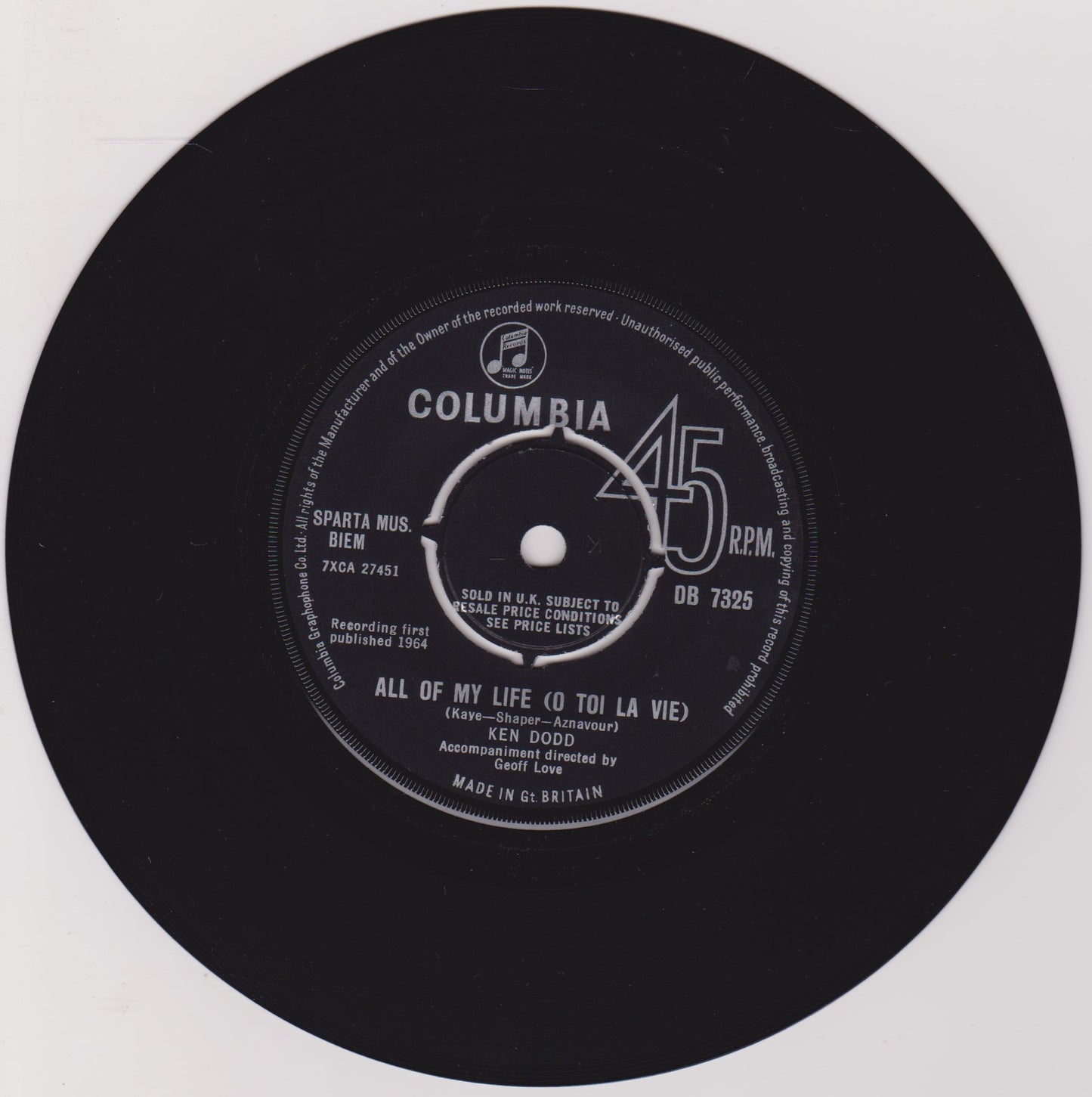 Ken Dodd - Happiness (Columbia 1964) 7" vinyl single VG/VG