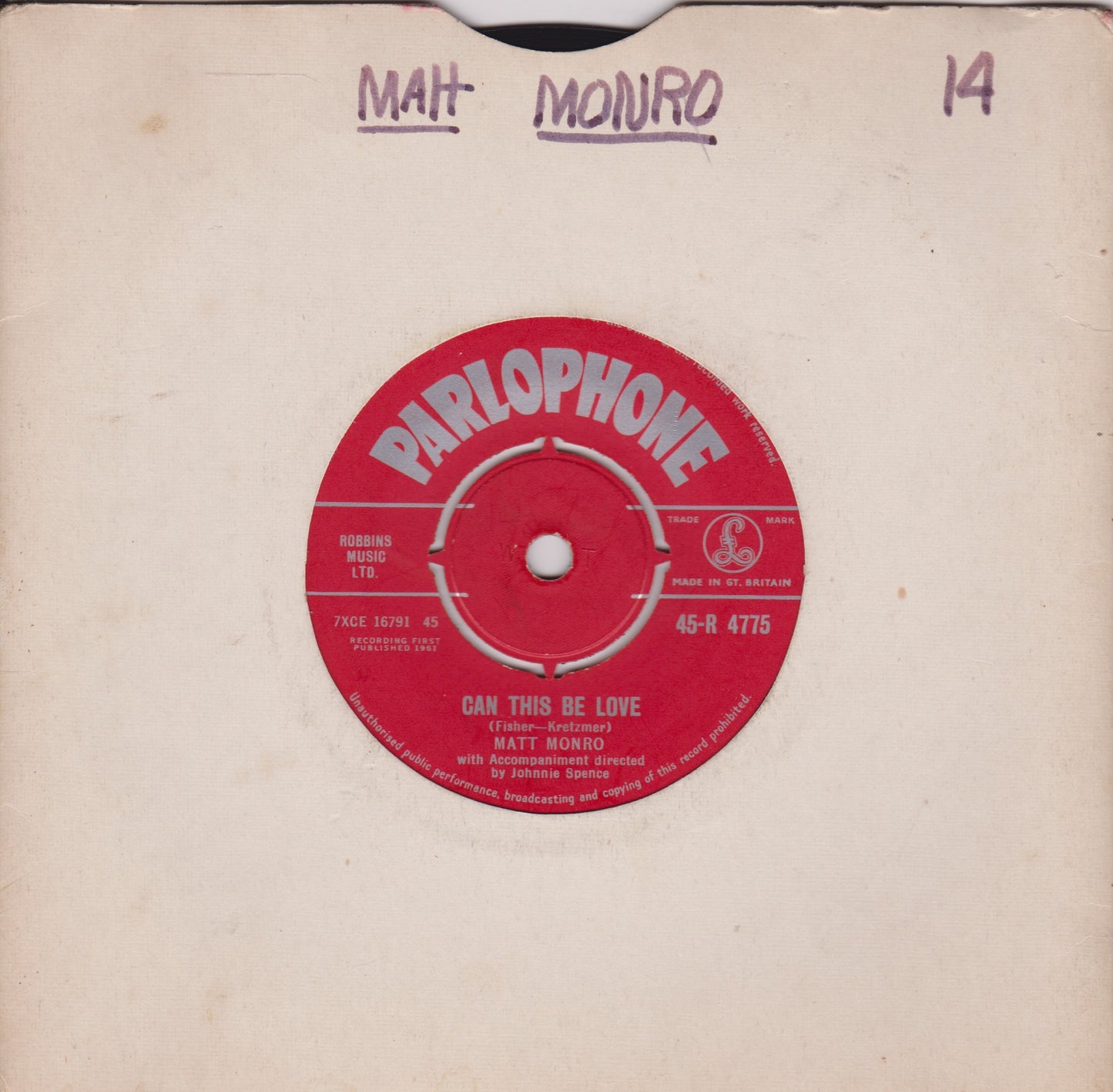 Matt Monro – Can This Be Love (Parlophone 1961) 7" vinyl single VG/-