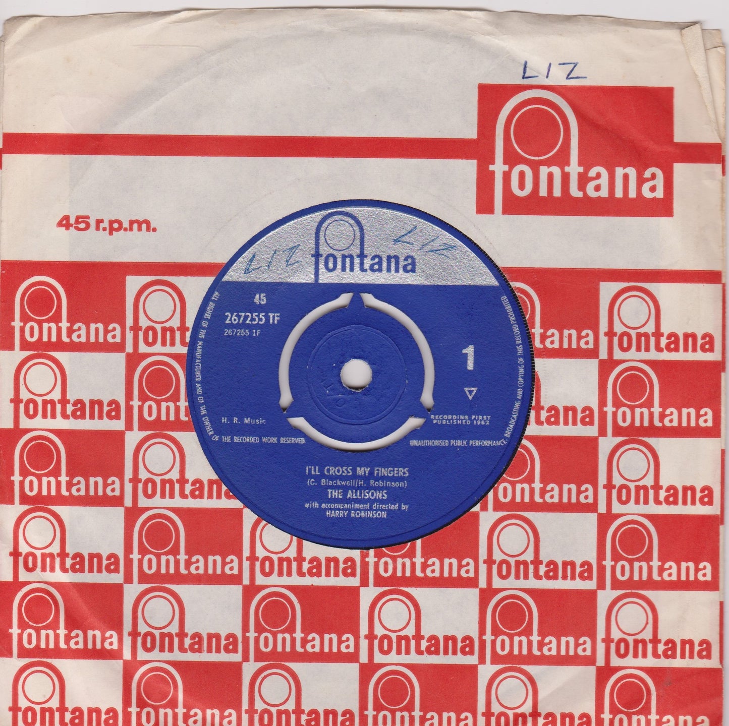 The Allisons – I'll Cross My Fingers (Fontana 1962) 7" vinyl single VG/VG