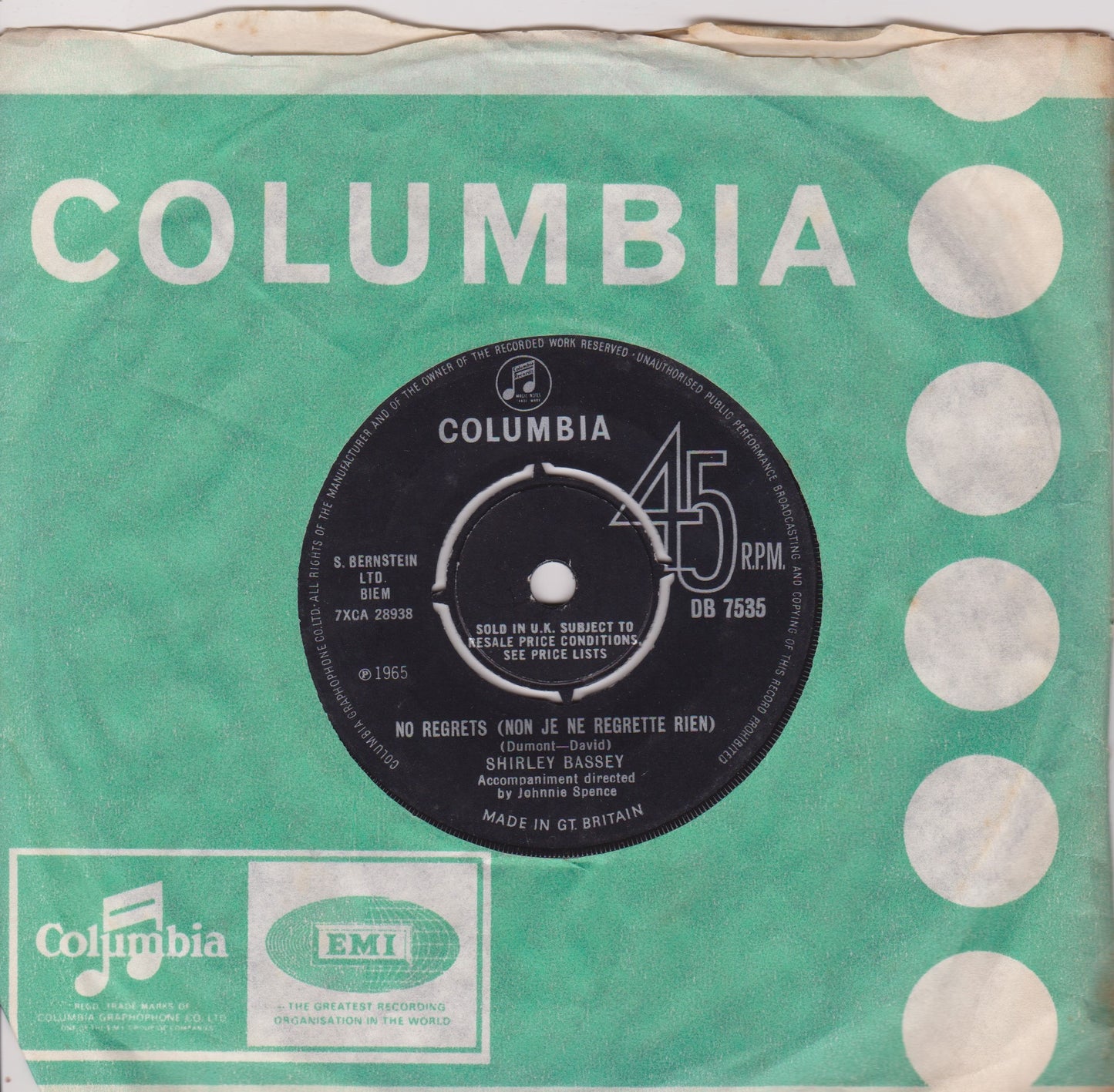 Shirley Bassey – No Regrets (Non Je Ne Regrette Rien) (Columbia, 1965) 7" vinyl single VG/VG