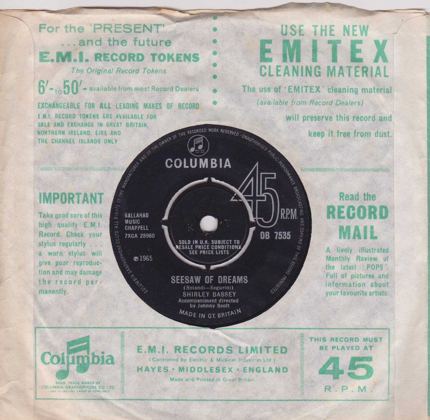 Shirley Bassey – No Regrets (Non Je Ne Regrette Rien) (Columbia, 1965) 7" vinyl single VG/VG
