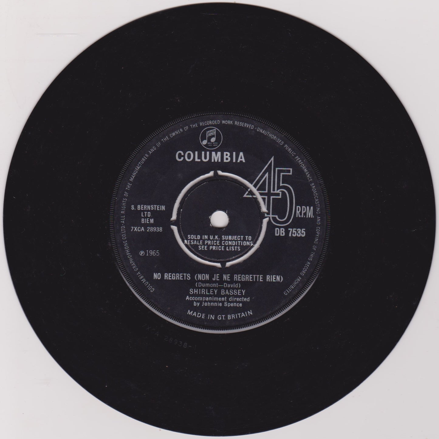Shirley Bassey – No Regrets (Non Je Ne Regrette Rien) (Columbia, 1965) 7" vinyl single VG/VG