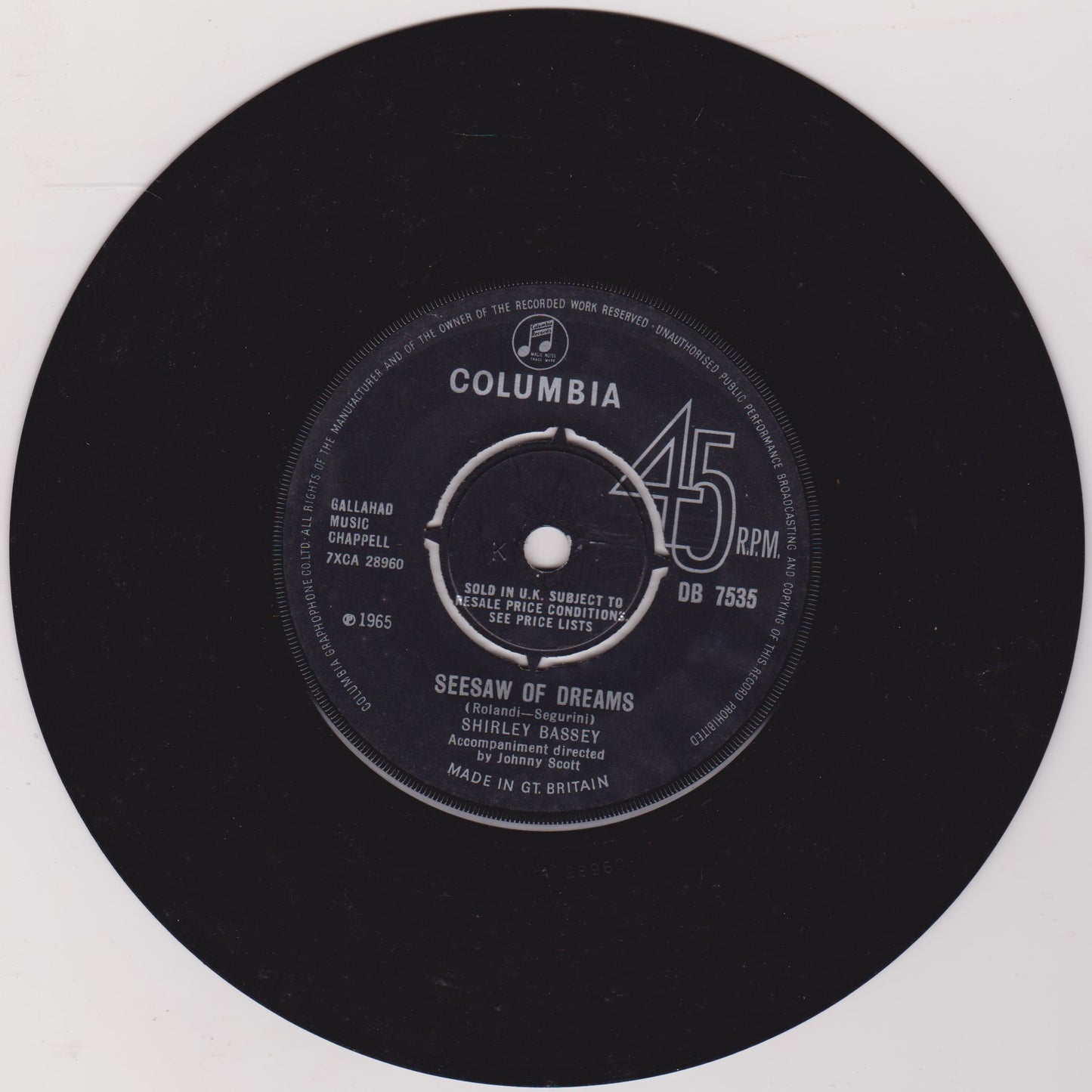 Shirley Bassey – No Regrets (Non Je Ne Regrette Rien) (Columbia, 1965) 7" vinyl single VG/VG
