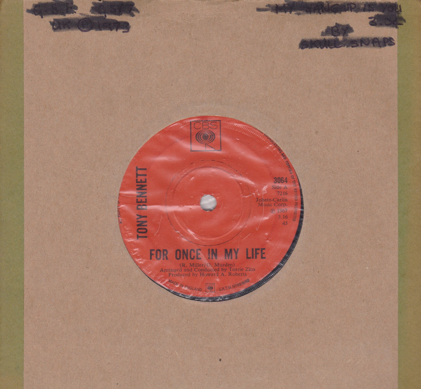 Tony Bennett – For Once In My Life (CBS 1967) 7" vinyl single VG/-