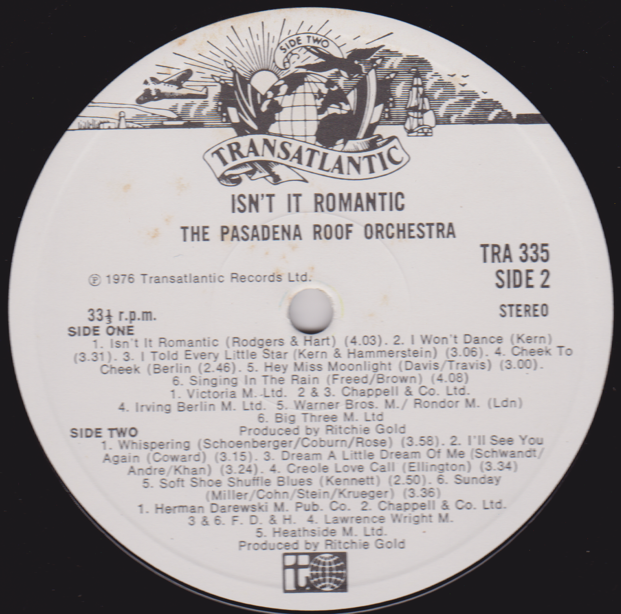 The Pasadena Roof Orchestra – Isn't It Romantic (Transatlantic 1976) 12" vinyl LP VG/VG