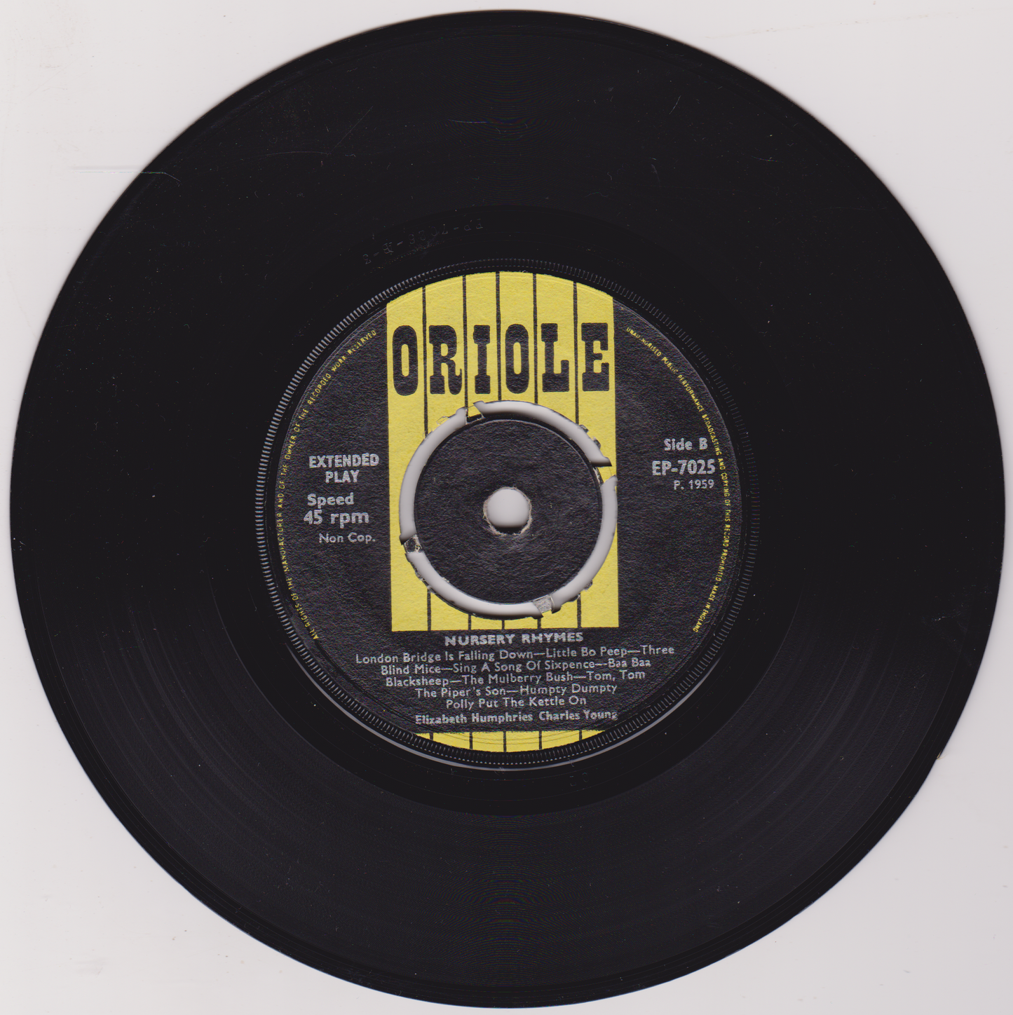 Elizabeth Humphreys & Charles Young – Nursery Rhymes (Oriole 1959) 7" vinyl EP VG/-