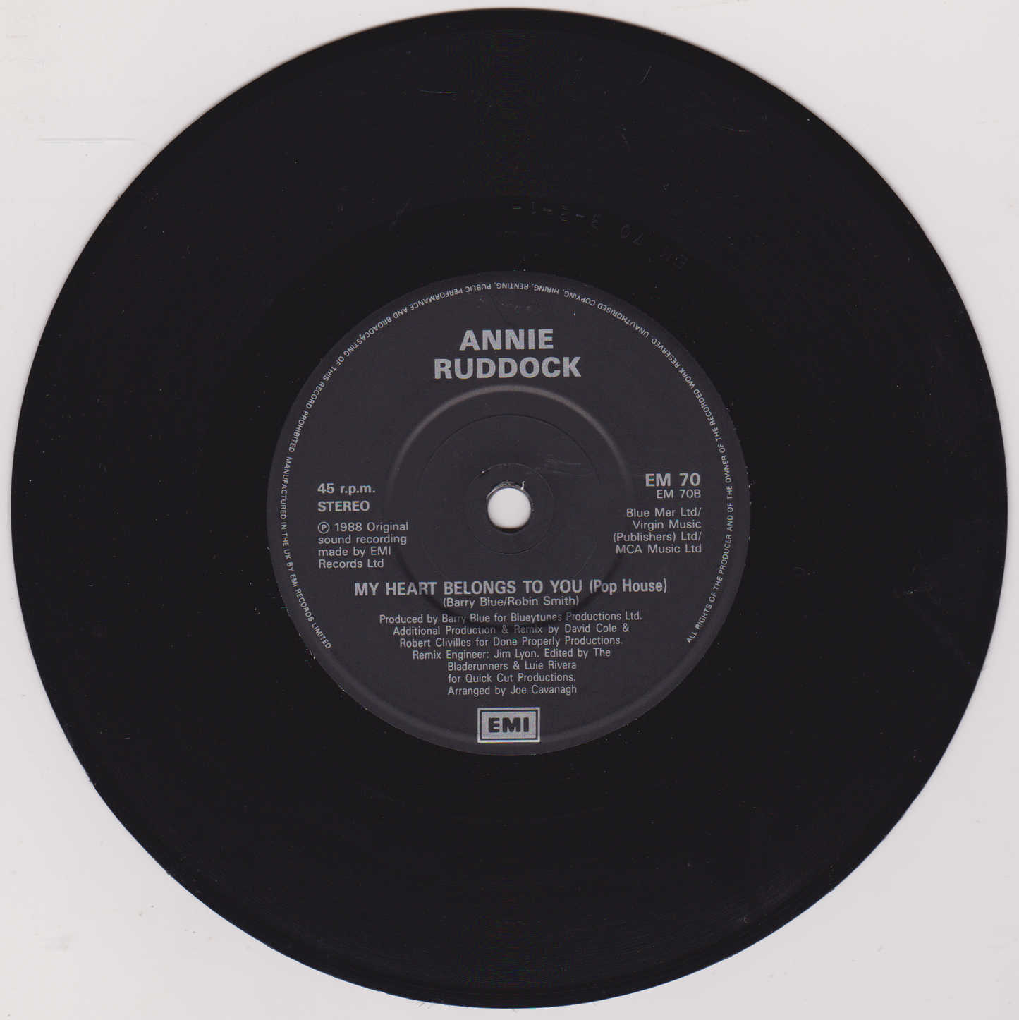 Annie Ruddock – My Heart Belongs To You (EMI, 1988) 7" vinyl single VG/VG