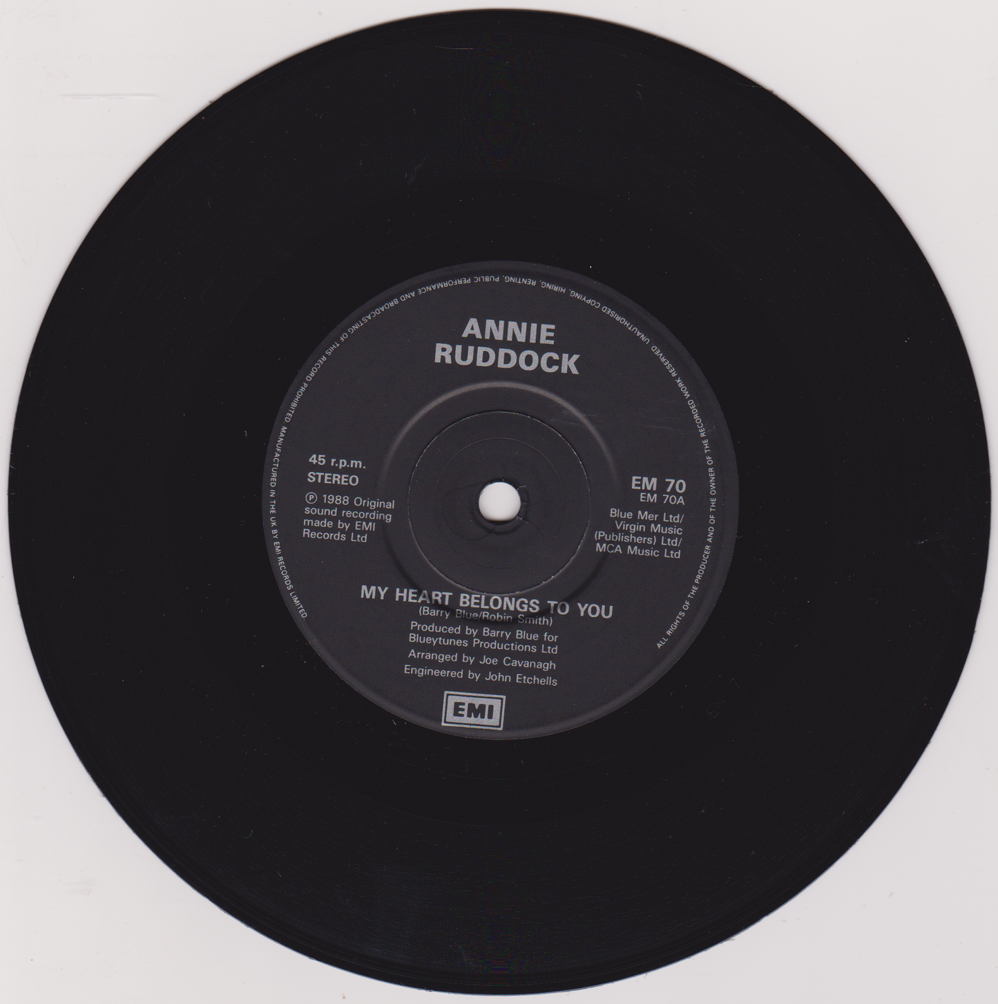 Annie Ruddock – My Heart Belongs To You (EMI, 1988) 7" vinyl single VG/VG