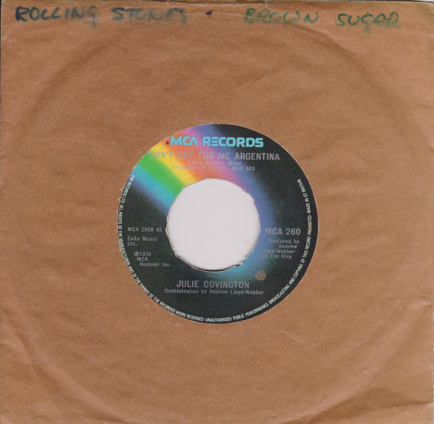 Julie Covington – Don't Cry For Me Argentina (MCA 1976) 7" vinyl single VG/- jukebox centre